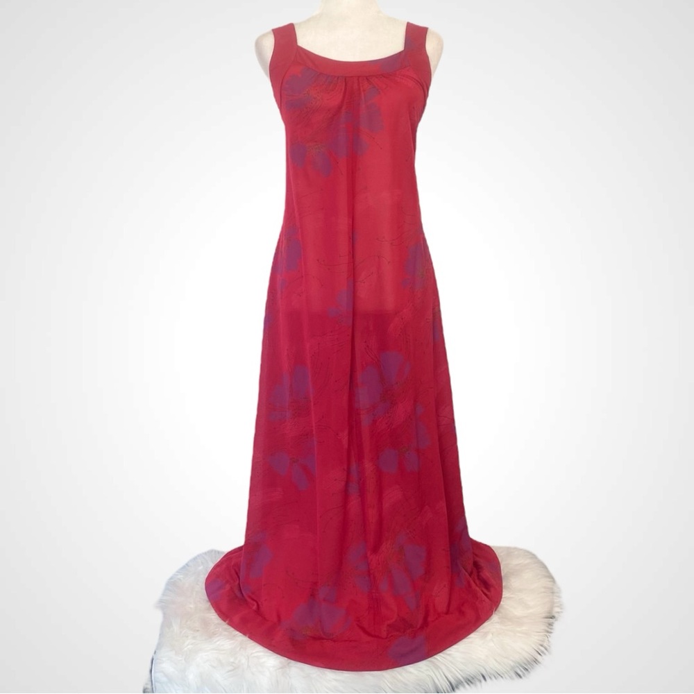 Vintage SEARS Hawaiian Red Floral Print Aloha 70s Maxi Gown Long Slip Dress - Picture 9 of 13